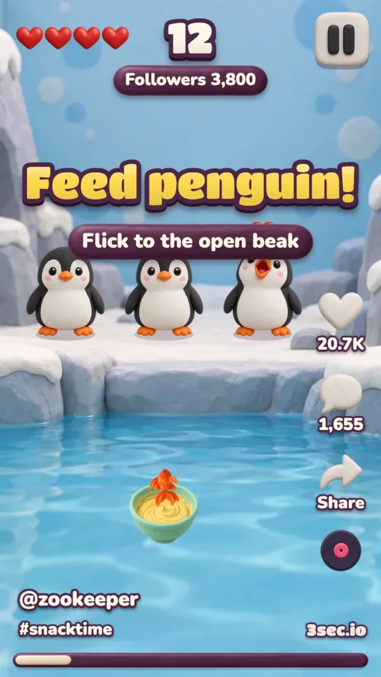 A short called Feed penguin with three clay penguins and a bowl of fish